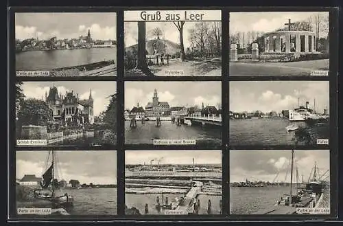 AK Leer / Ostfriesland, Plytenberg, Ehrenmal, die Leda, Schloss Evenburg, Rathaus und neue Brücke, Hafen, Viehmarkt