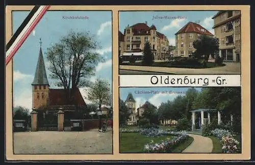 AK Oldenburg /Gr., Kirche und Kirchhofslinde, Julius-Mosen-Platz, Cäcilien-Platz mit Brunnen