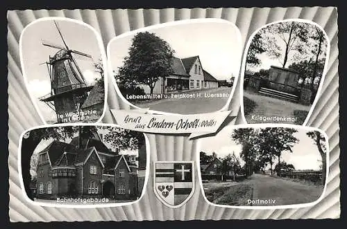 AK Ocholt, Alte Windmühle in Lindern, Bahnhofsgebäude, Kriegerdenkmal