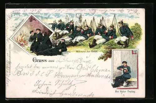Lithographie Soldaten am Biwakfeuer, während der Kritik, bei Vater Freitag