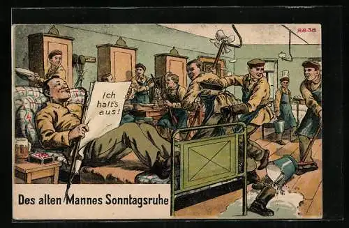 AK Des alten Mannes Sonntagsruhe - Soldaten in ihrer Stube im 1. Weltkrieg