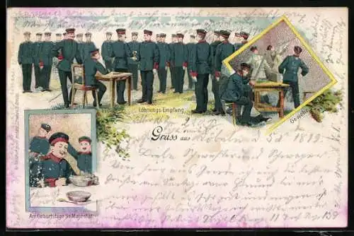 Lithographie Soldaten beim Löhungs-Empfang, beim Gewehr-Reinigen, Am Geburtstage Sr. Majestät