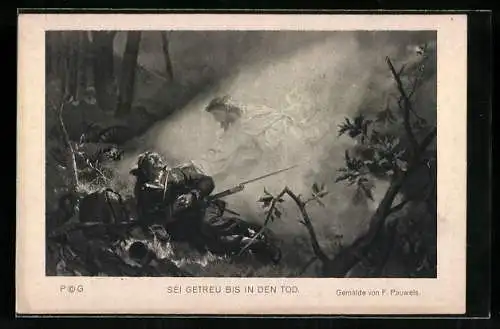 Künstler-AK Jesusgestalt erscheint einem sterbenden Soldaten im Felde