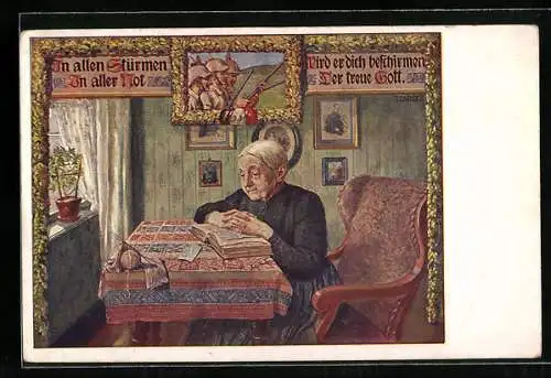Künstler-AK In allen Stürmen, In aller Not..., Betende Grteisin