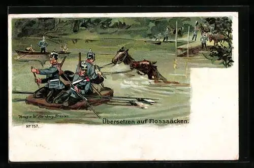 Künstler-AK Kavalleristen setzen auf Flosssäcken über den Fluss, dahinter ihre Pferde