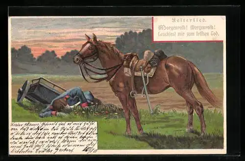 Lithographie Pferd steht neben sterbendem Kavalleriesoldaten