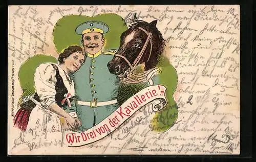 Künstler-AK Kavallerist mit seinem Pferd und seiner Frau