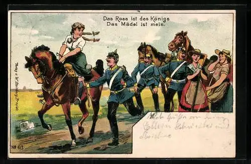 Künstler-AK Die Frau reitet auf dem Pferd ihres Mannes davon, Soldatenliebe