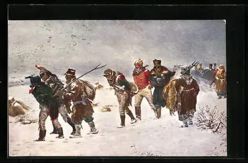 Künstler-AK Russische Soldaten ziehen durch den Schnee, das Jahr 1812