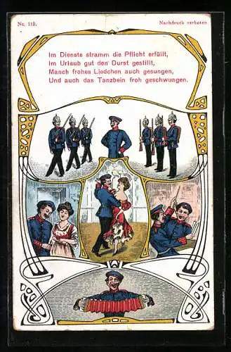 AK Soldat in Uniform mit Ziehharmonika, Soldat und Frau beim Tanz, 1. Weltkrieg