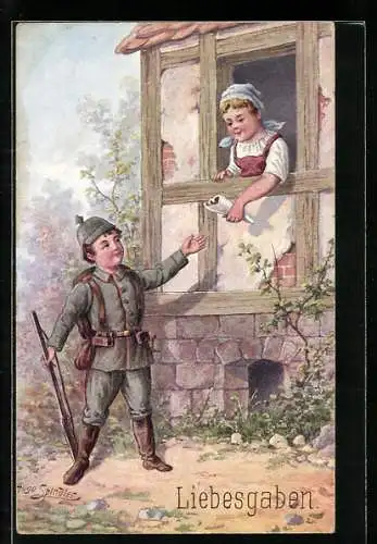AK Soldat bekommt von Frau Liebesgaben