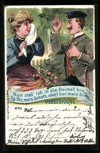 AK Soldat mit seiner weinenden Frau, Soldatenliebe