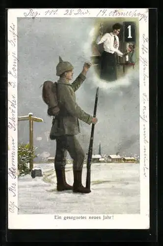 AK Soldat in Uniform schaut zu Frau mit Sektglas, Neujahrsgruss