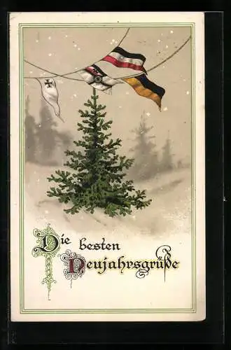 AK Tannenbaum im Schnee mit Flaggen des Zweibund