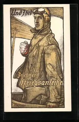 Künstler-AK Und Ihr, Zeichnet Kriegsanleihe, MG-Heckschütze in einem Flugzeug