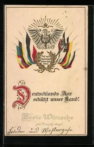 AK Reichsadler, Kaiserkrone, Reichs- & Kriegsfahne, patriotischer Spruch