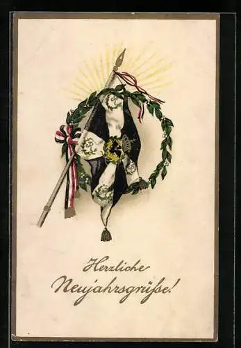 Künstler-AK Neujahrsgruss, Lorbeerkranz, Standarte