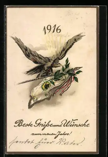 AK Adler mit Fahne und Fahnenband, Neujahrsgruss 1916