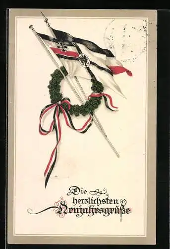 AK Neujahr, Tannenkranz mit deutscher Fahne, Reichskriegsfahne