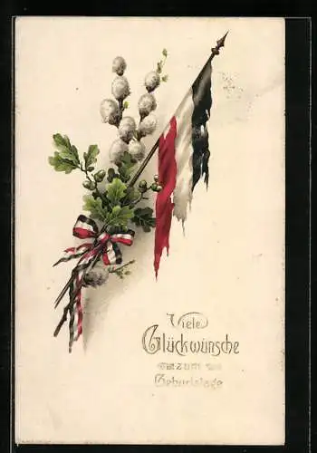 Lithographie Heil Dir mein Vaterland - Weidenkätzchen, Eichenlaub, Zerfetzte Fahne