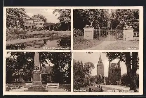 AK Rastede, Schloss, Hirschtor, Kriegerdenkmal und Kirche