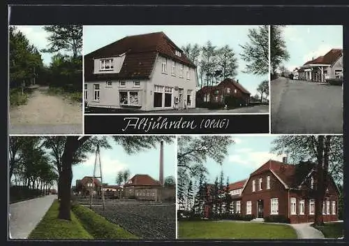 AK Altjührden /Oldb., Strassenpartie, Waldweg und Tankstelle