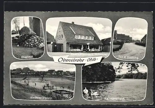 AK Obenstrohe / Oldb., Ehrenmal, Kinderspielplatz, Mühlenteich, Gemischwaren D. Hassmann