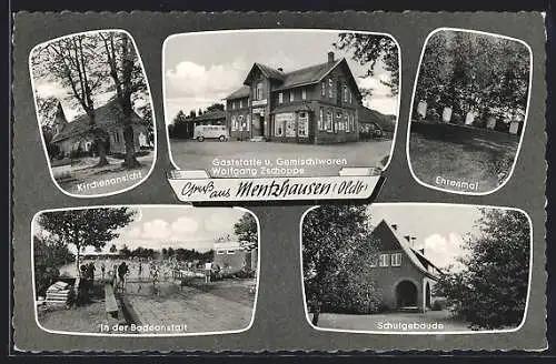 AK Mentzhausen / Oldb., Gasthaus Zschoppe, Kirche, Schule, Ehrenmal