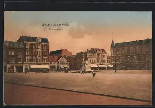 AK Wilhelmshaven, Bismarckplatz mit Geschäften und Denkmal