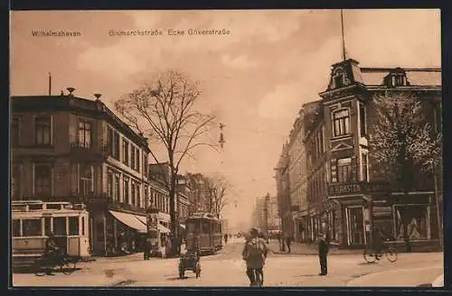 AK Wilhelmshaven, Bismarckstrasse Ecke Gölerstrasse, Strassenbahn, Herrenartikel H. Karsten