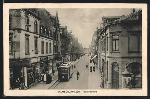 AK Wilhelmshaven, Marktstrasse mit Strassenbahn, Litfassäule
