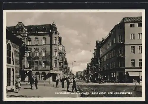 AK Wilhelmshaven, Ecke Göker- und Libmarktstrasse mit Geschäften