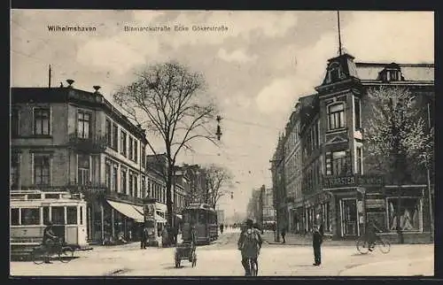 AK Wilhelmshaven, Bismarckstrasse Ecke Gölerstrasse, Strassenbahn, Herrenartikel H. Karsten