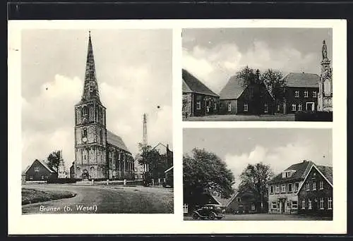 AK Brünen b. Wesel, Gasthof, Kirche, Denkmal