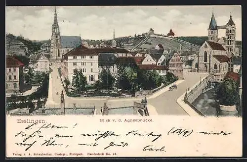 AK Esslingen / Neckar, Blick von der Agnesbrücke auf Kirchen mit Strassenpartien