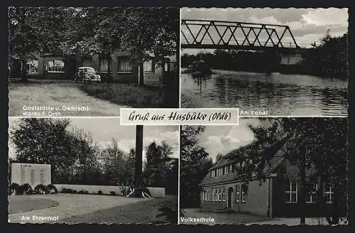 AK Husbäke /Oldb., Gaststätte und Gemischtwaren F. Orth, Ehrenmal, Kanal mit Brücke, Volksschule