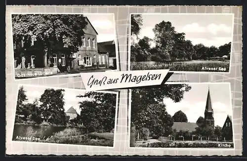 AK Magelsen, Gasthaus Lütjens, Alveser See, Kirche