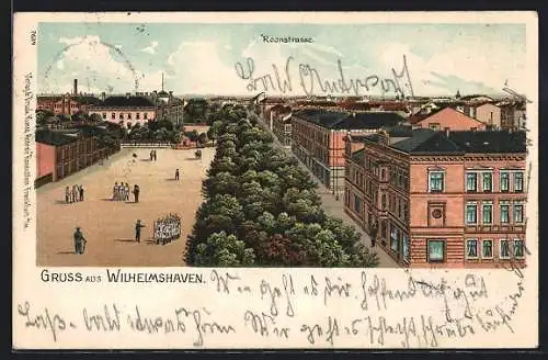Lithographie Wilhelmshaven, Roonstrasse, Soldaten beim Exerzieren, Häuserfassaden aus der Vogelschau