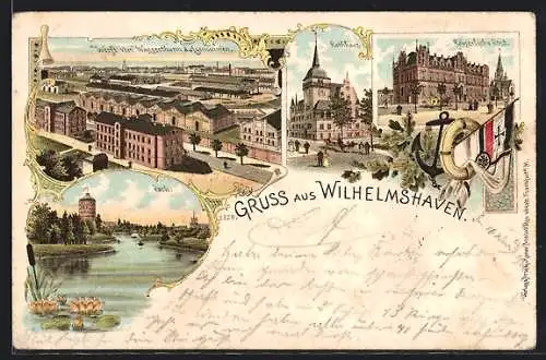 Lithographie Wilhelmshaven, Werft vom Wasserturm aufgenommen, KaiserlichePost, Rathaus