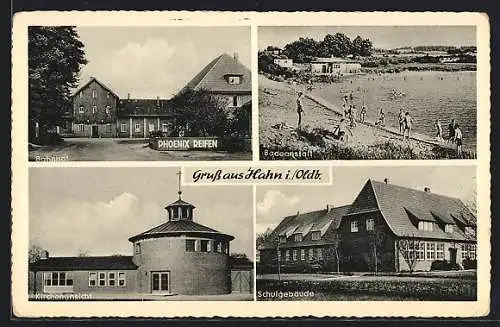 AK Hahn i. Oldb., Badeanstalt, Bahnhof, Schulgebäude