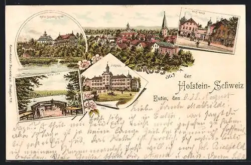 Lithographie Eutin, Schloss, Ukiel-See, Voss-Haus, Hotel Holsteinische Schweiz um 1900