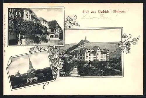 AK Kiedrich i. Rheingau, Gasthaus zum Engel, Kirche, Ortspartie