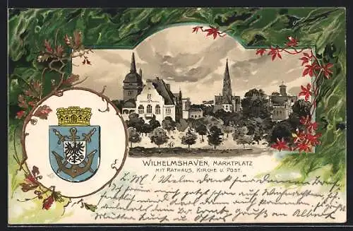 Passepartout-Lithographie Wilhelmshaven, Wappen, Post, Kirche, Rathaus am Marktplatz