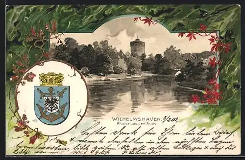Passepartout-Lithographie Wilhelmshaven, Partie aus dem Park, Wappen