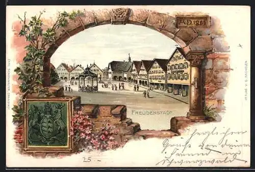 Passepartout-Lithographie Freudenstadt, Pavillon auf dem Marktplatz, Blick durch ein Fenster auf den Platz um 1900