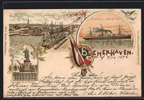 Lithographie Bremerhaven, Bürgermeister Smidt-Denkmal, Schnelldampfer d. Nordd. Lloyd, Hafenpartie, Wappen, Fahnen
