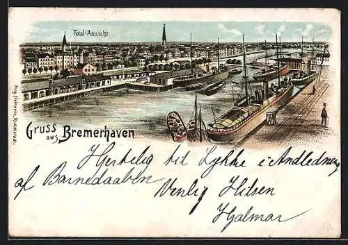 Lithographie Bremerhaven, Totalansicht mit Booten