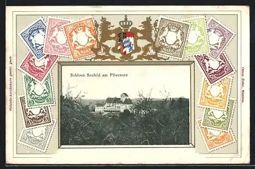Präge-AK Seefeld am Pilsensee, Schloss Seefeld, Briefmarken, Passepartout