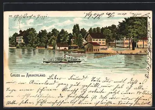 Lithographie Ammerland, Uferpartie mit Dampfer