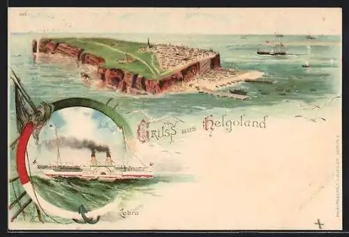 Lithographie Helgoland, Inselansicht, Dampfer Prinzess Elisabeth